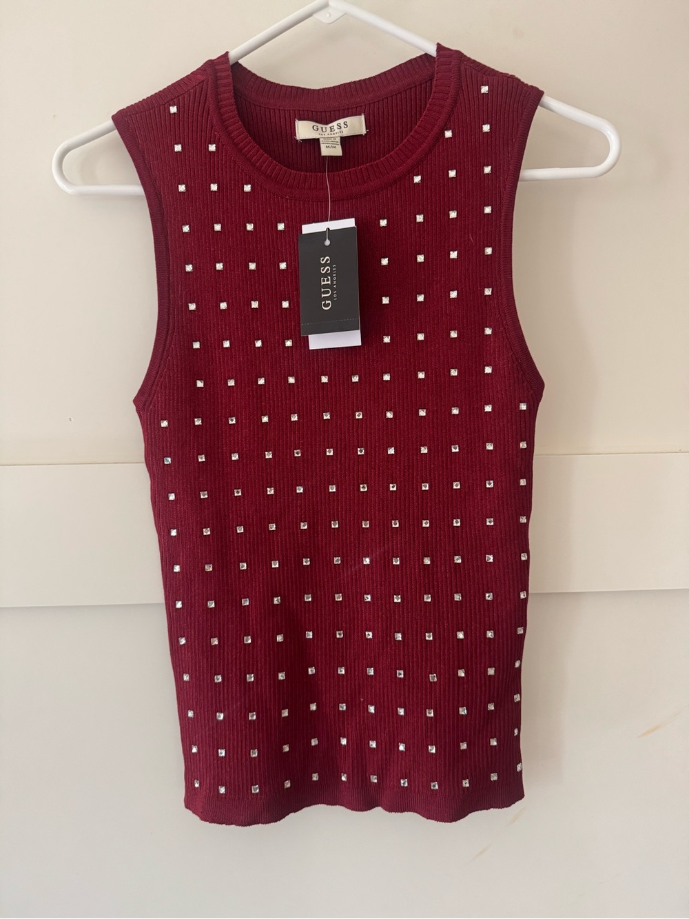 NWT GUESS Women's Sleeveless Studded Knit Top - Burgundy Y2K Inspired